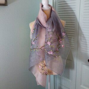 DUSTY PINK GREY OMBRE 40% SILK 60% WOOL LONG SHEER EMBROIDERED JAPANESE BLOSSOMS